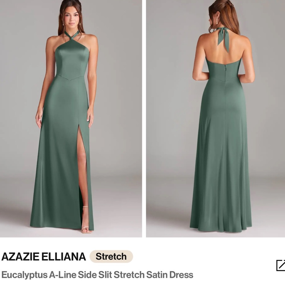 Azazie Elliana Eucalyptus A-Line Side Slit Stretch Satin Dress
